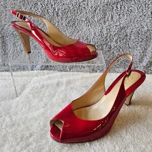 Cole Haan Women's Romantic Patent Leather Peep‎ Toe Slingback Heels Size 7B Red